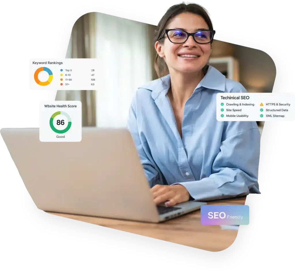 Therapist working with Strong Roots, a counselor and therapist SEO company, showing keyword rankings, website health score, and technical SEO results