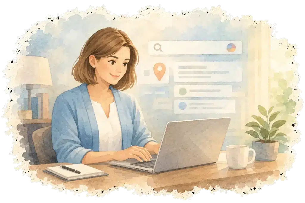 Therapist working on a laptop reviewing SEO keyword rankings and website health score