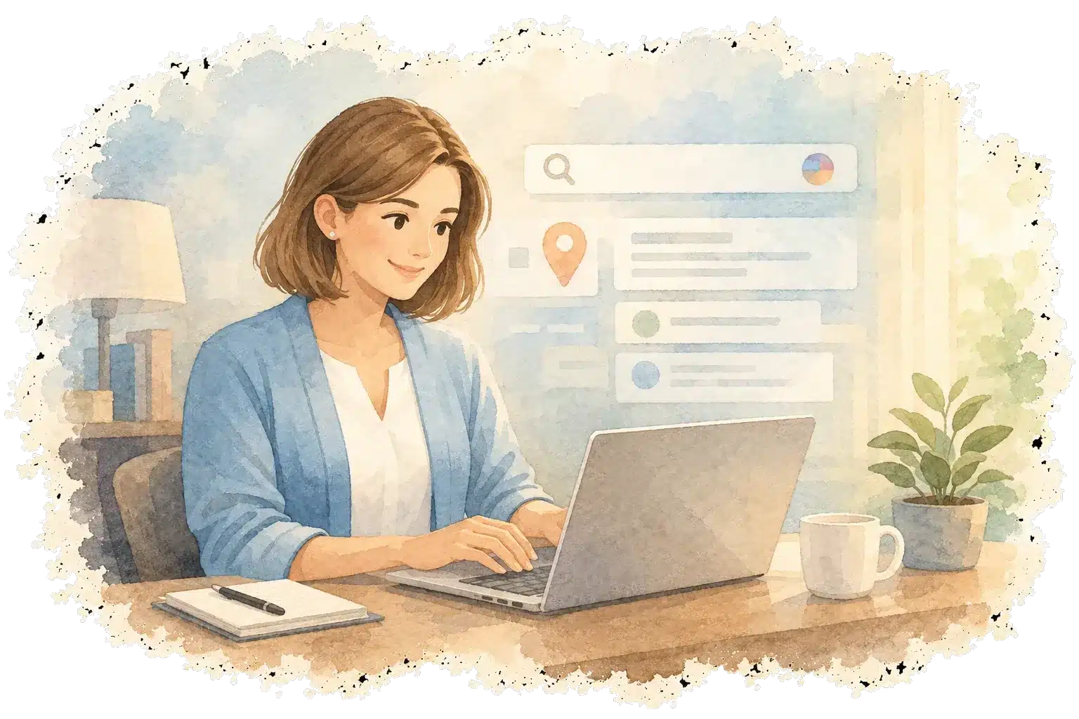 Therapist working on a laptop reviewing SEO keyword rankings and website health score